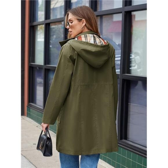 Women's Waterproof Rain Jacket Long Raincoat Hooded Windbreaker Trench Coat - Picture 6 of 7